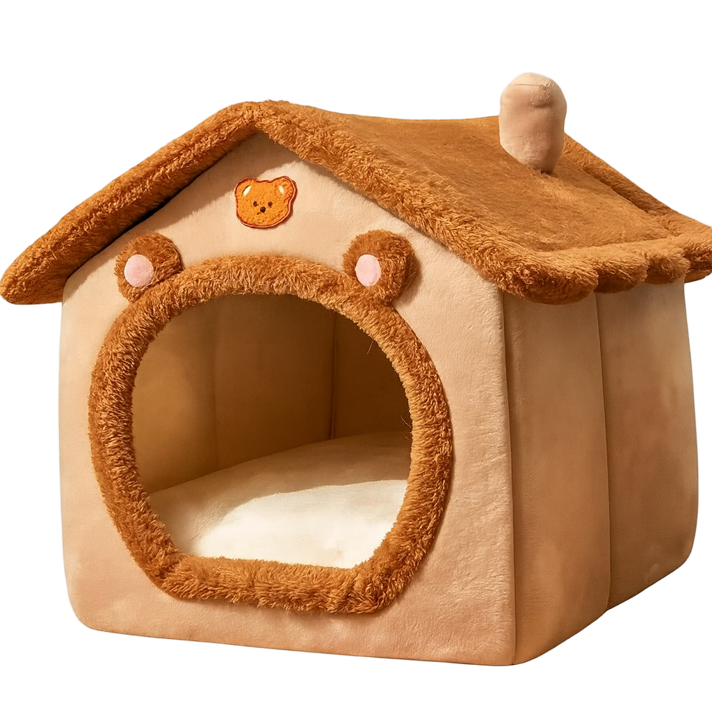 Brown pet house with teddy bear design on a white background
