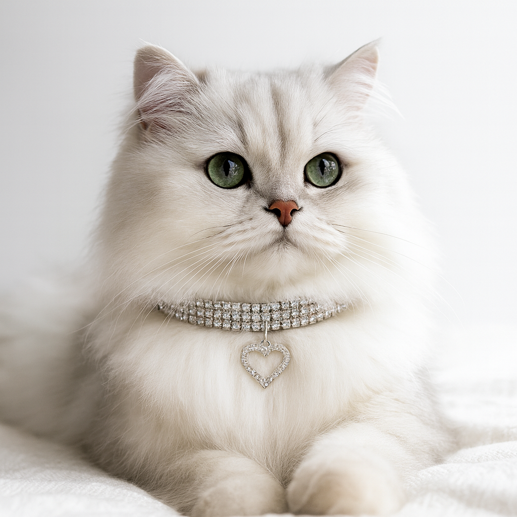 White cat wearing a sparkling collar with a heart charm on a light background