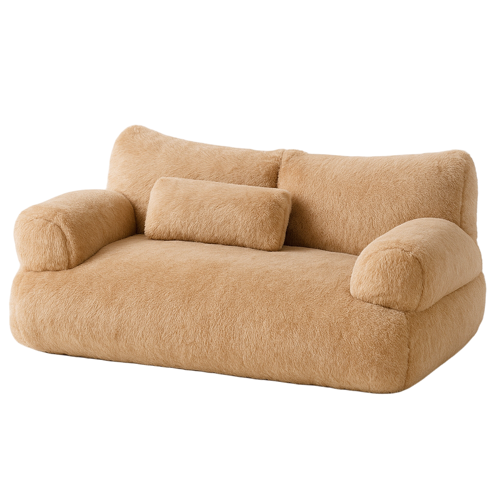 Beige plush sofa on a white background