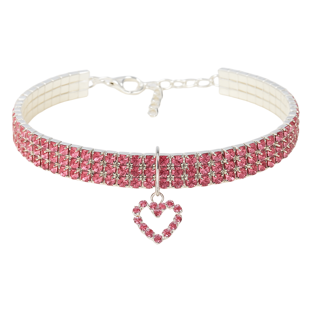 Pink crystal choker necklace with a heart pendant on a white background
