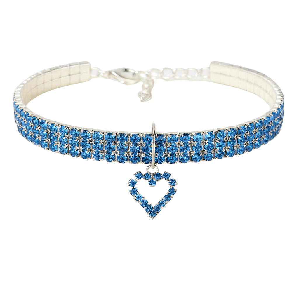 Blue beaded choker necklace with a heart-shaped pendant on a white background