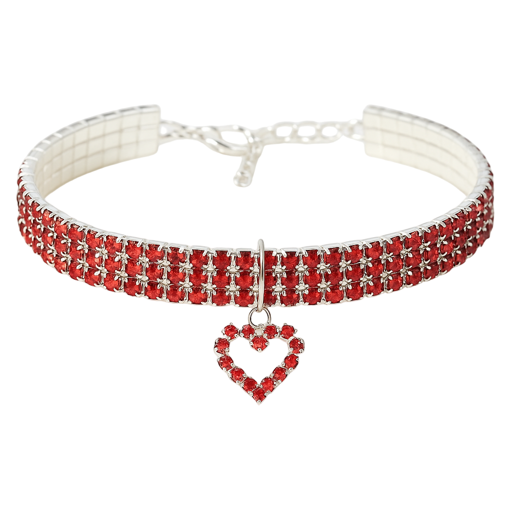 Red crystal choker necklace with a heart pendant on a white background