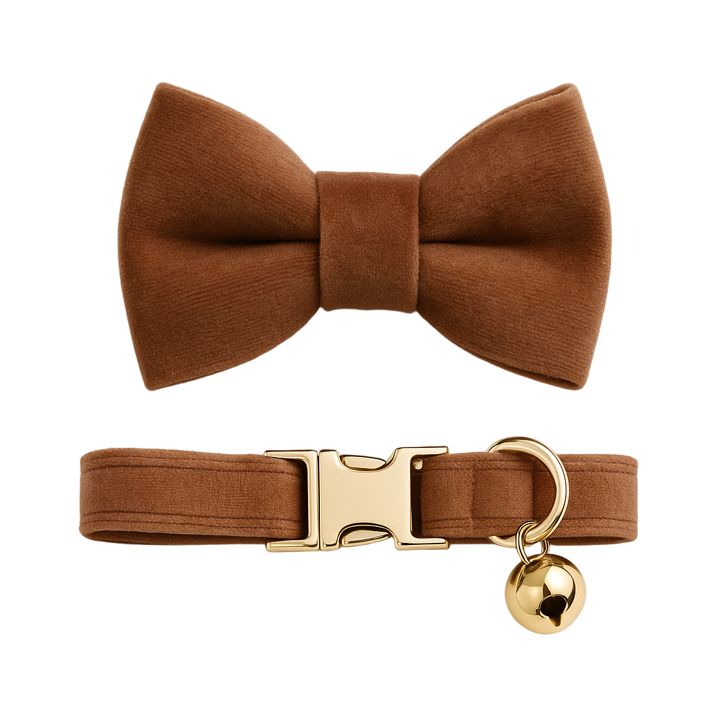 Brown bow tie and collar with gold clasp and bell on a light gray background