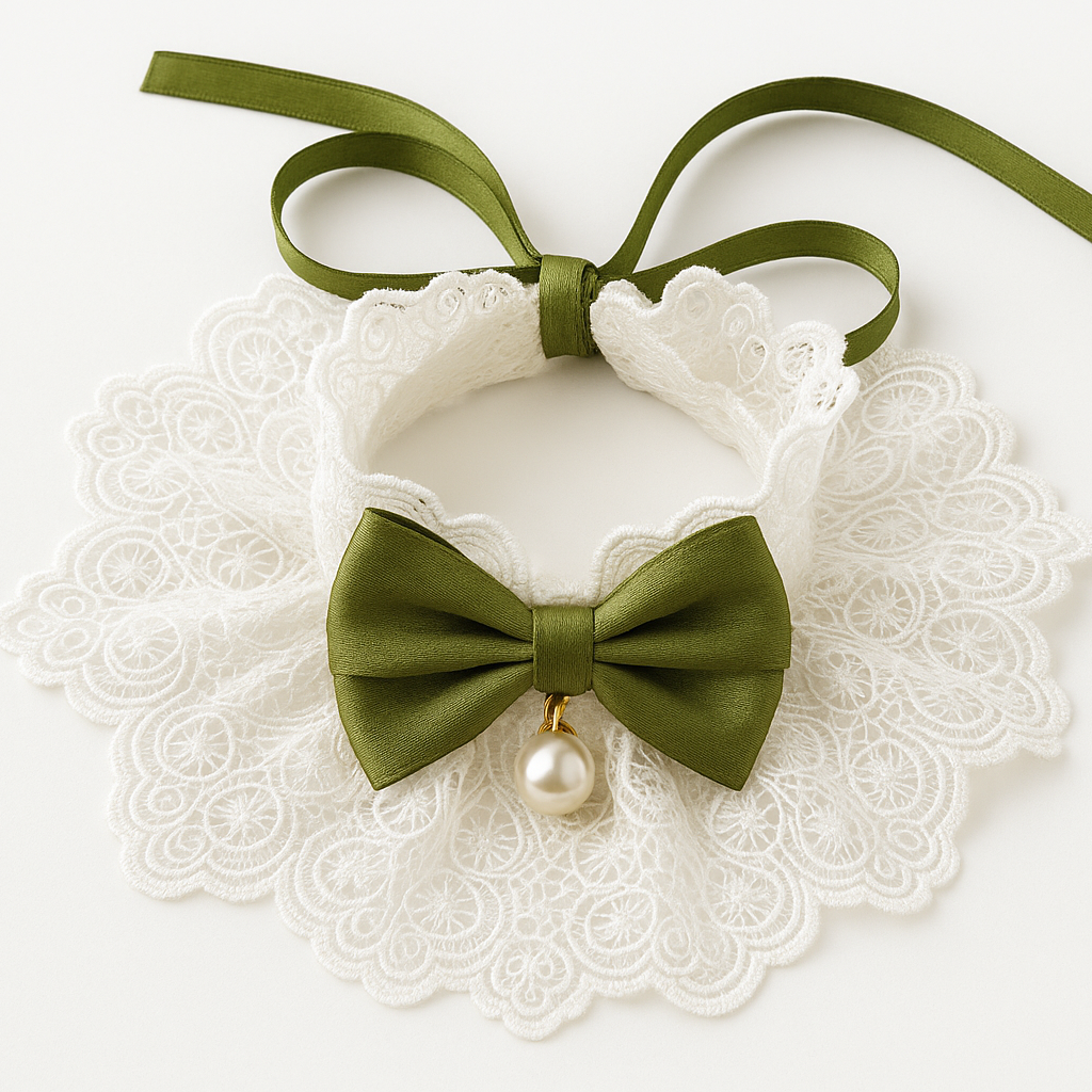Green bow tie with a pearl on a white lace collar against a white background