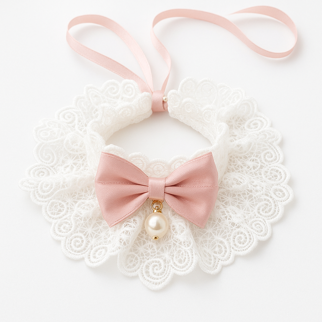 Lace collar with a pink bow and pearl accent on a white background