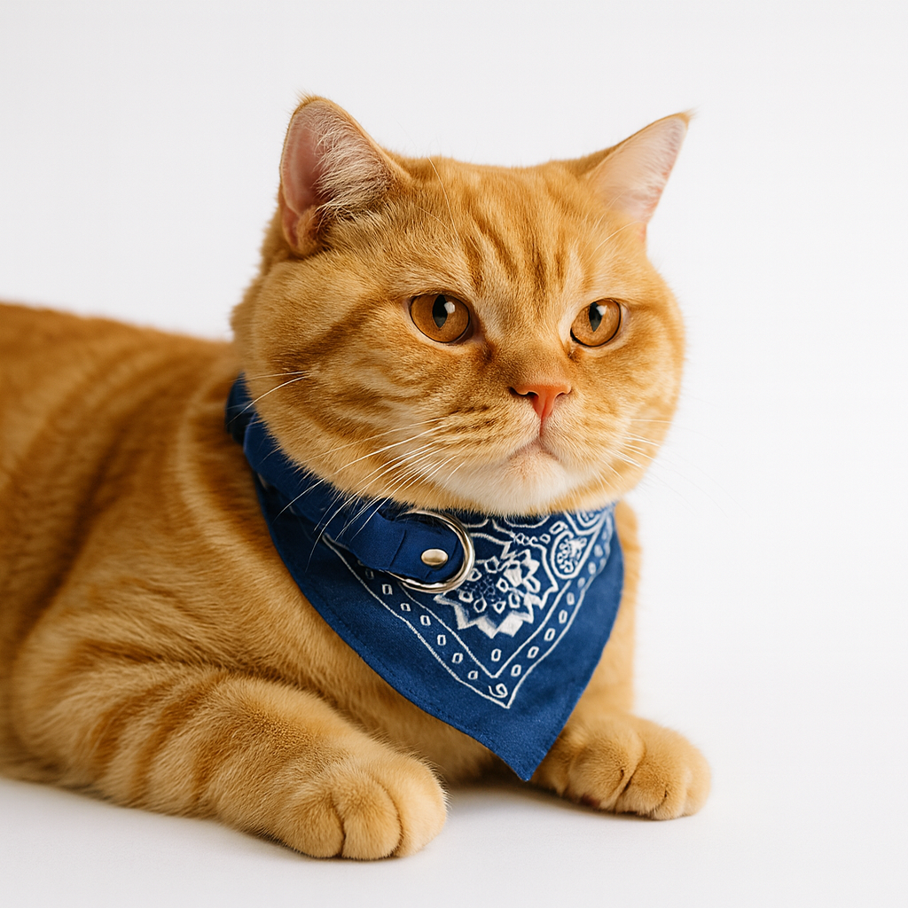 Orange tabby cat wearing a blue bandana on a white background