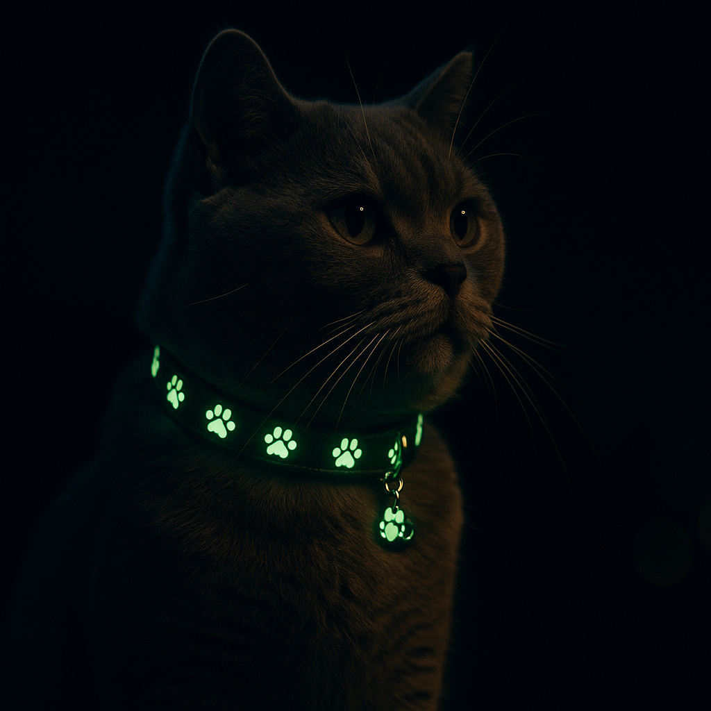 Cat wearing a glowing green collar on a black background