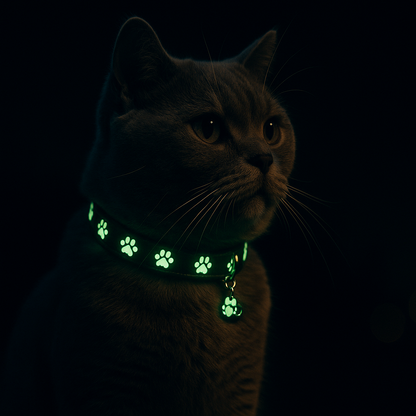 Cat wearing a glowing green collar on a black background