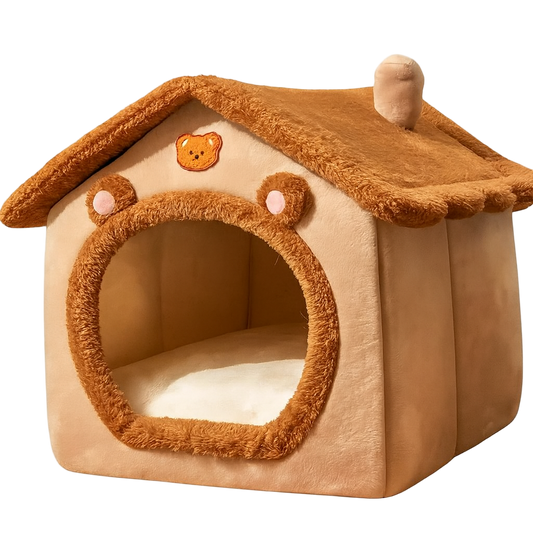 Brown pet house with teddy bear design on a white background