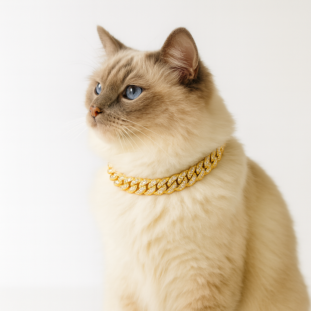 Cat wearing a gold chain collar on a white background