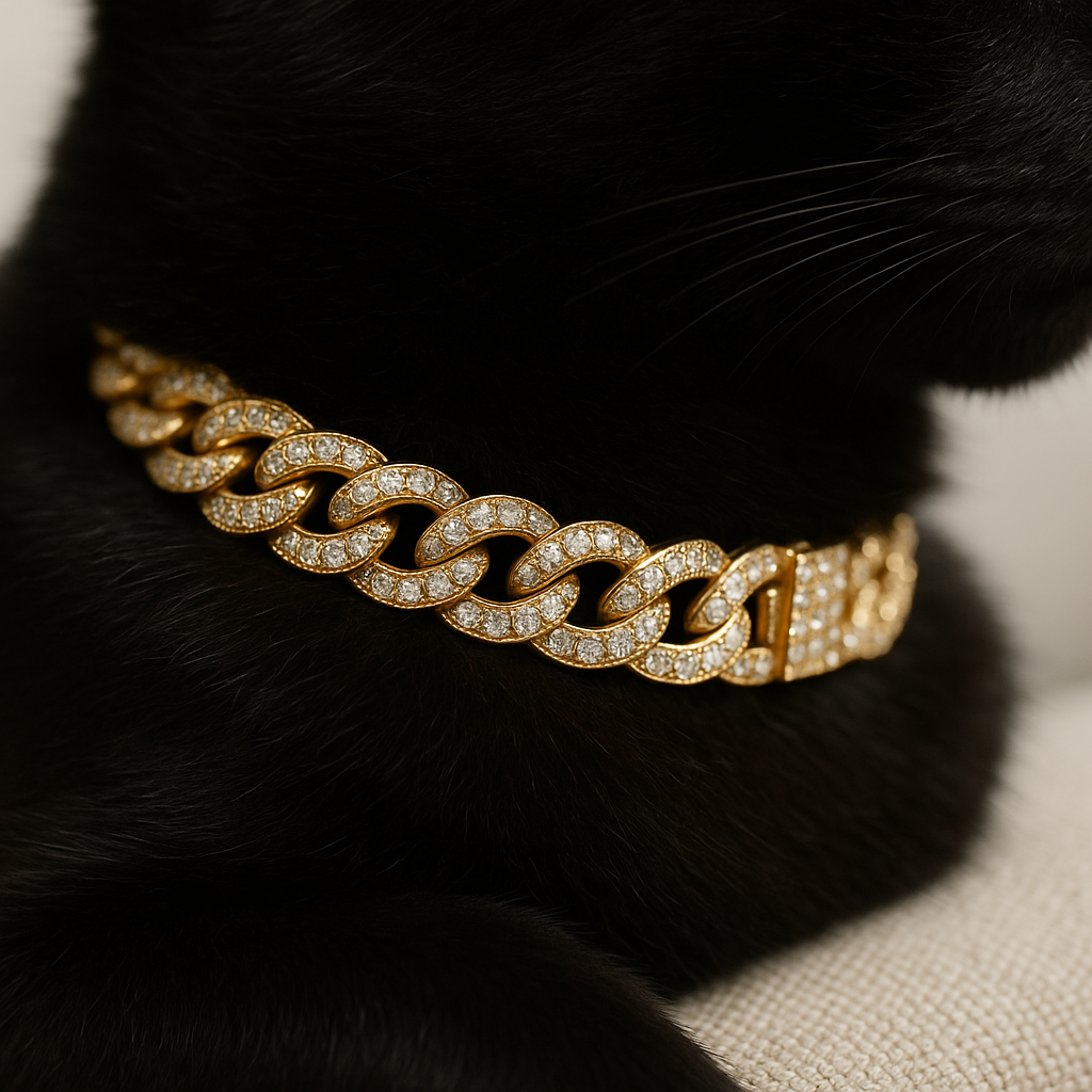 Gold chain collar with diamonds on a black dog's neck
