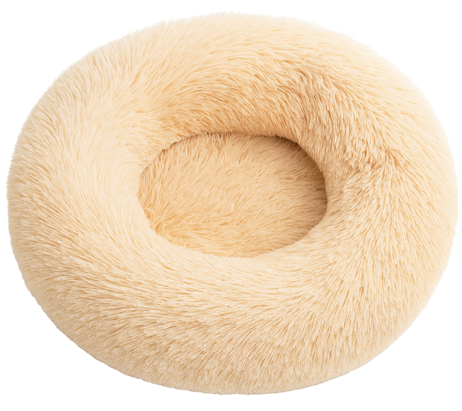 Beige fluffy donut-shaped pillow on a white background