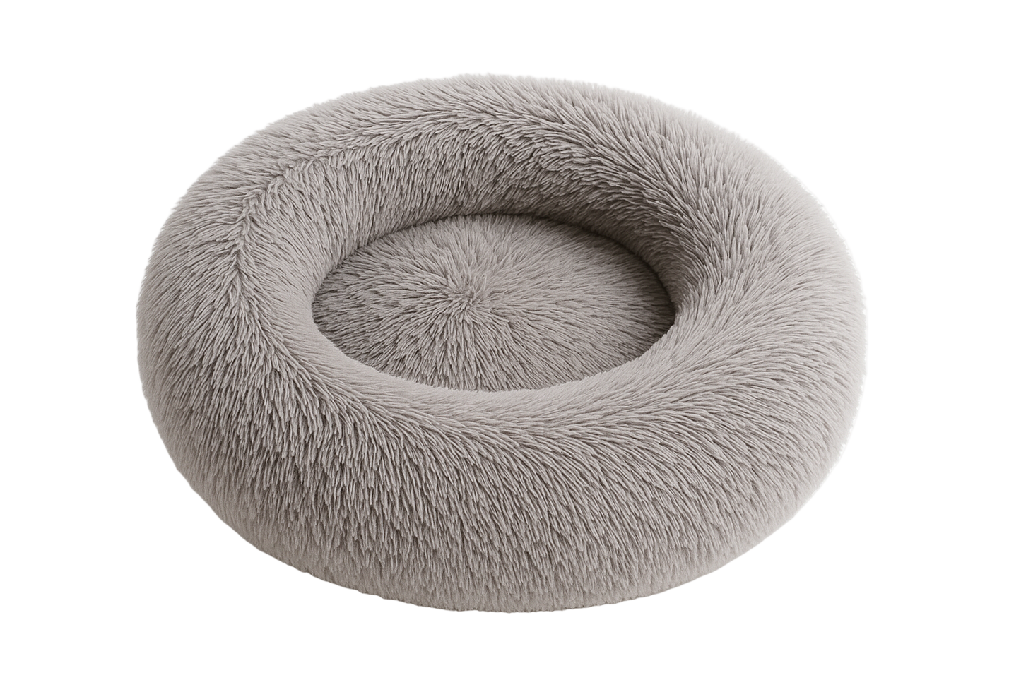 Gray donut-shaped pet bed on a white background