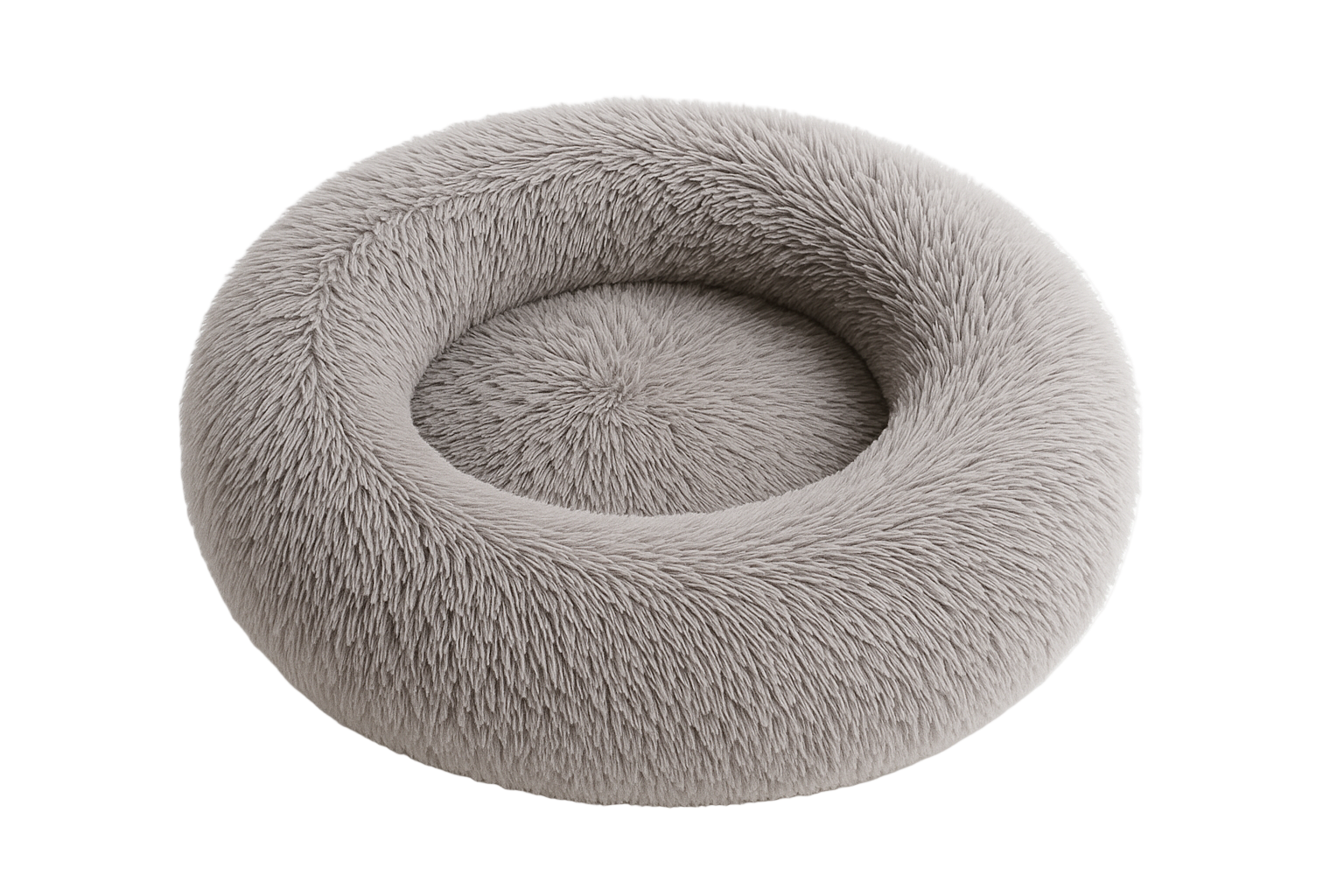 Gray donut-shaped pet bed on a white background