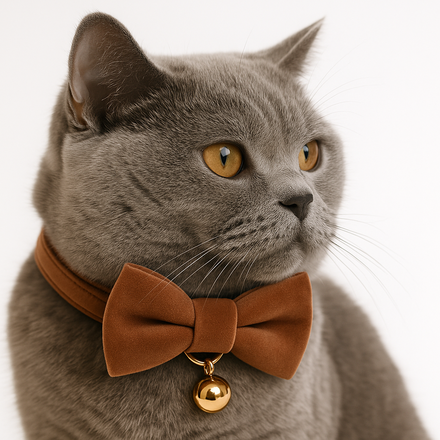 Gray cat wearing a brown bow tie collar with a gold bell on a white background