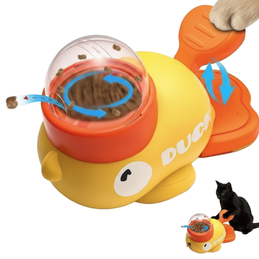 Yellow and orange pet toy with a cat interacting with it on a white background