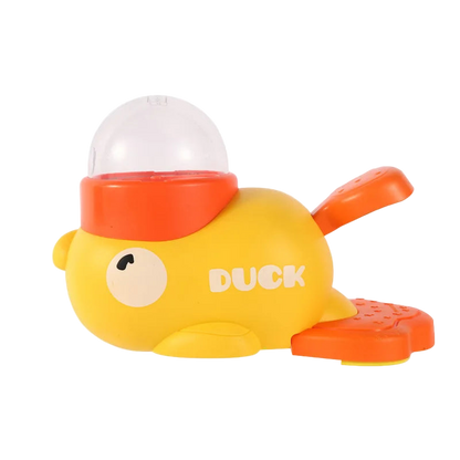 Yellow duck toy with an orange beak and feet on a white background