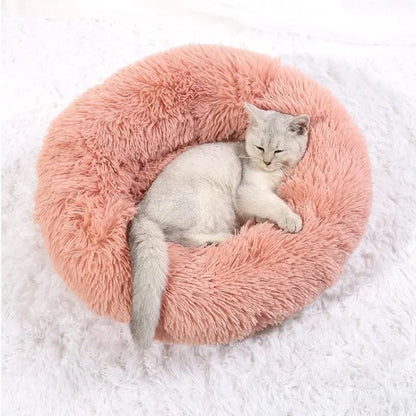 Cat lying on a fluffy pink donut bed against a white background