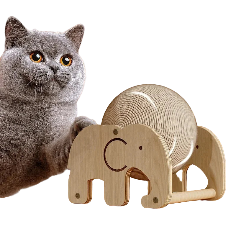 Gray cat interacting with a wooden elephant toy on a wooden surface