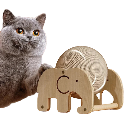 Gray cat interacting with a wooden elephant toy on a wooden surface