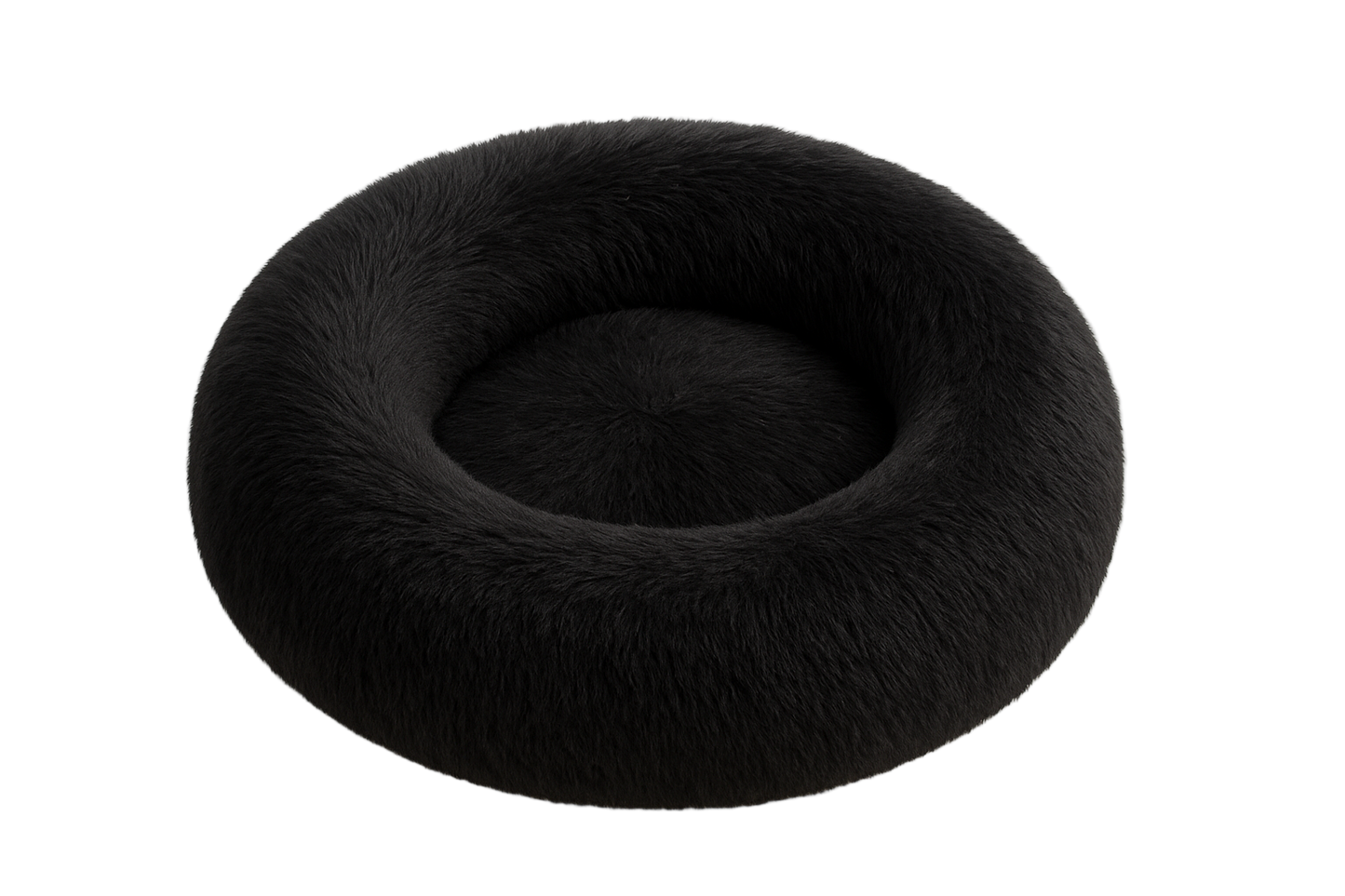 Black donut-shaped pet bed on a white background