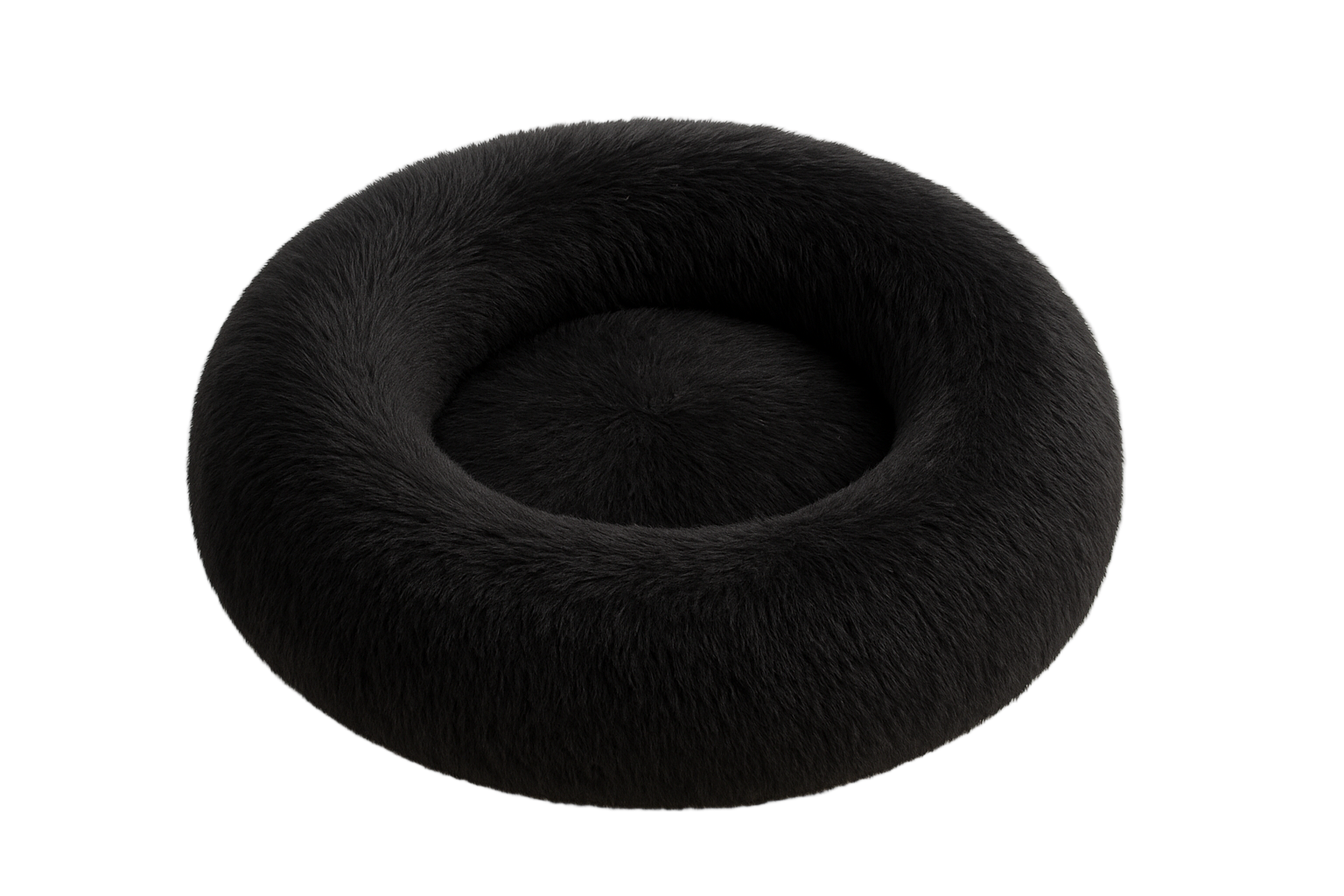 Black donut-shaped pet bed on a white background