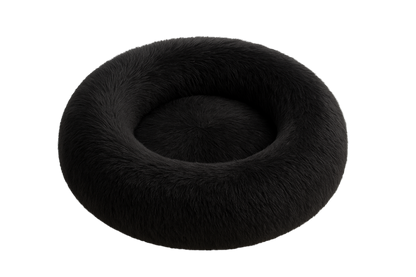 Black donut-shaped pet bed on a white background