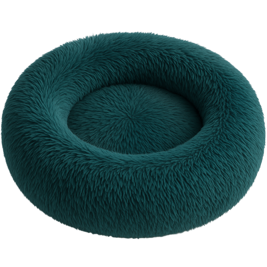 Teal fluffy donut pet bed on a white background