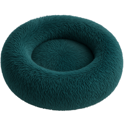 Teal fluffy donut pet bed on a white background
