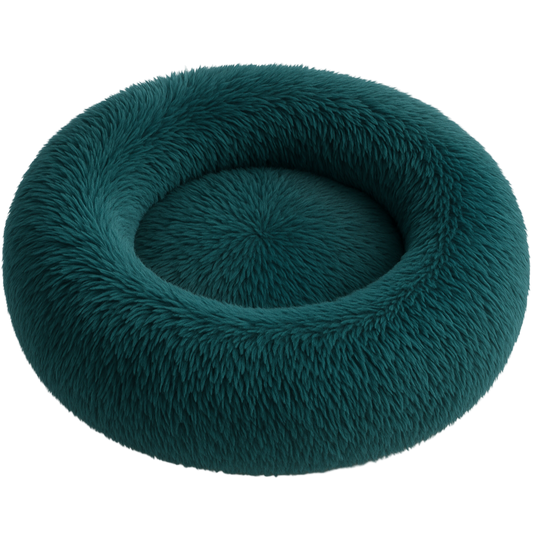 Teal fluffy donut pet bed on a white background