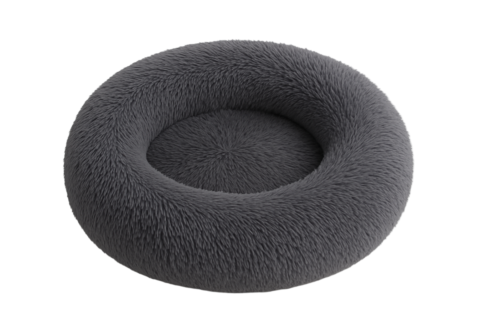 Gray fluffy donut pet bed on a white background
