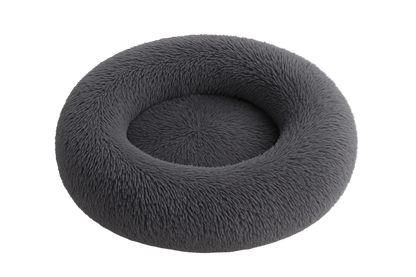Gray fluffy donut pet bed on a white background