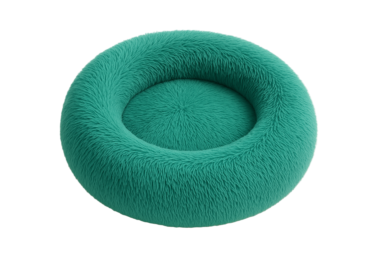 Teal fluffy pet bed on a white background