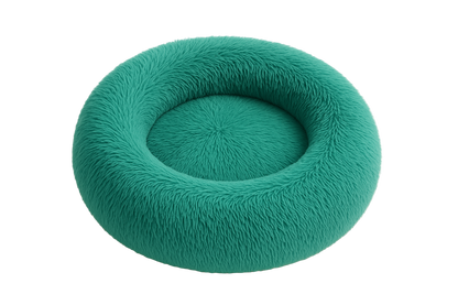 Teal fluffy pet bed on a white background