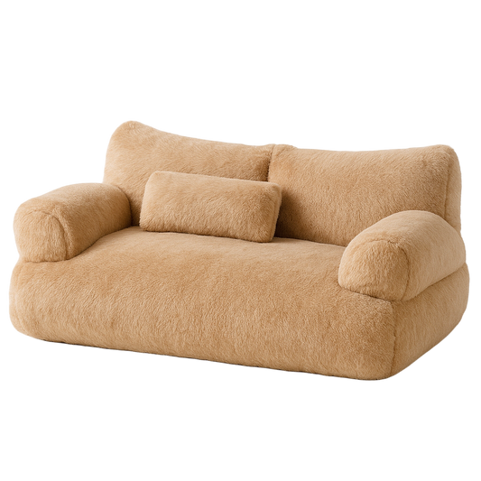 Beige plush sofa on a white background