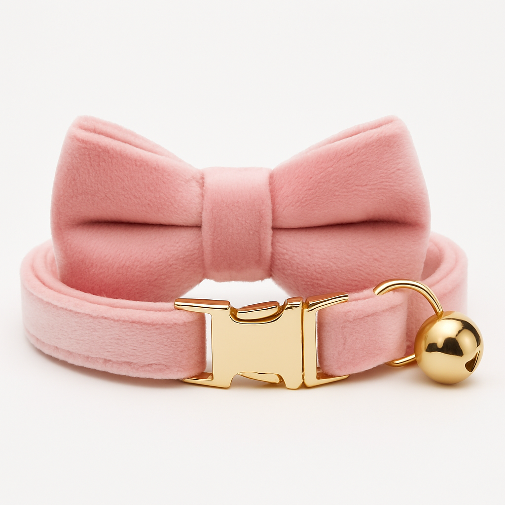 Pink dog collar with a large bow and gold buckle on a white background
