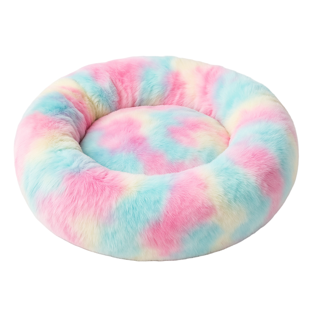 Pastel tie-dye donut pet bed on a white background