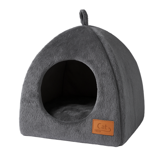 Gray pet bed with a brown label on a white background