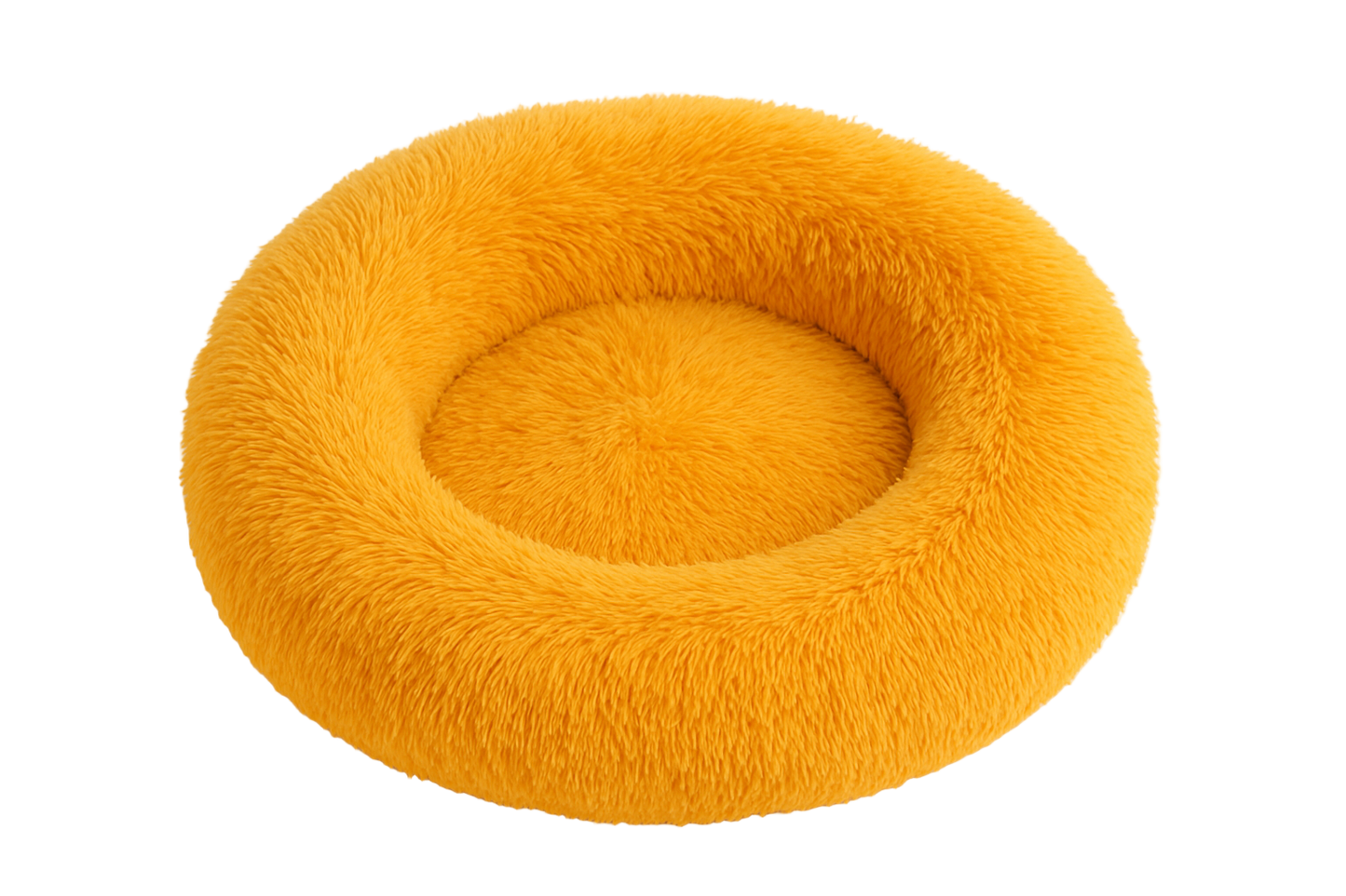 Yellow fluffy donut pet bed on a white background