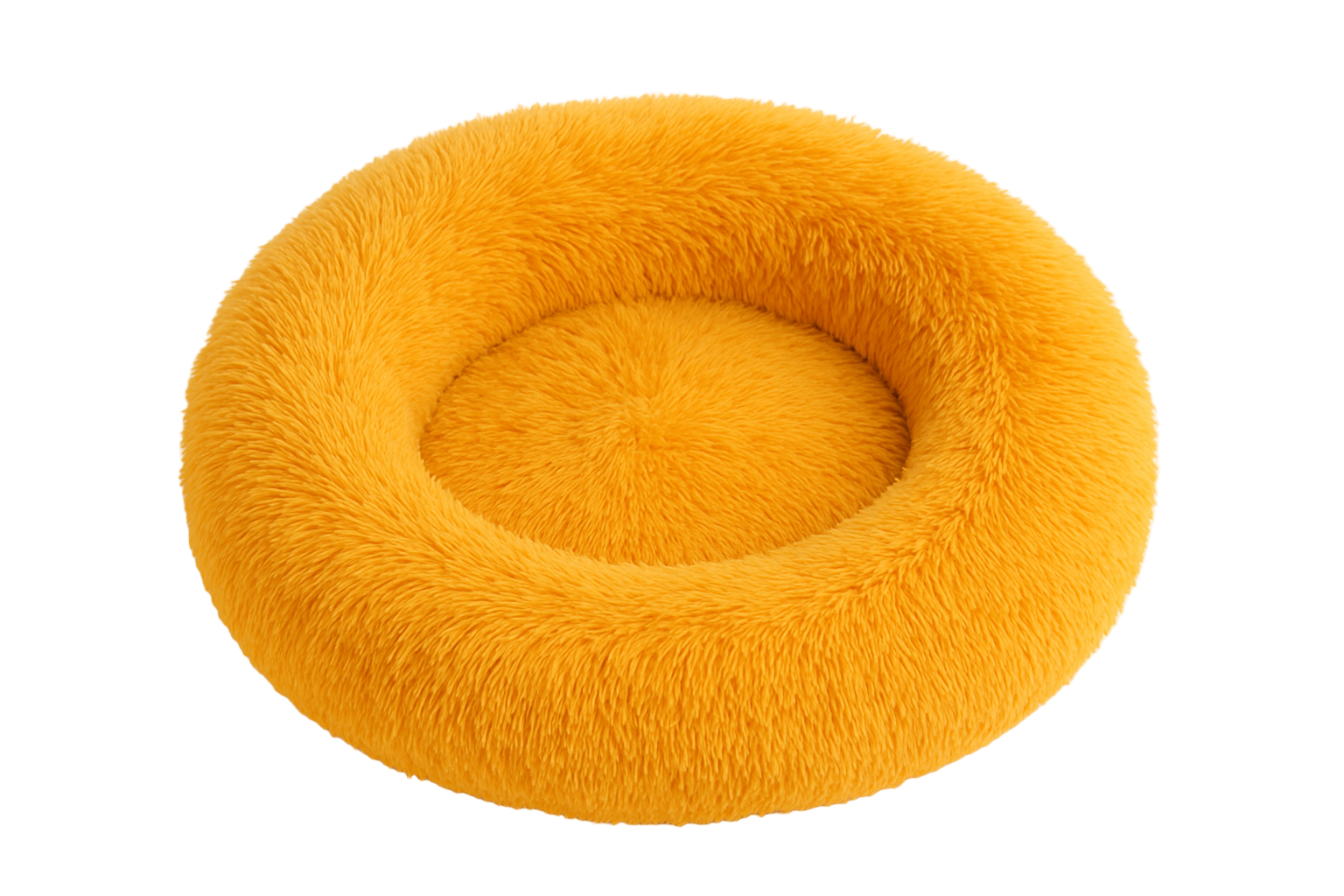 Yellow fluffy donut pet bed on a white background