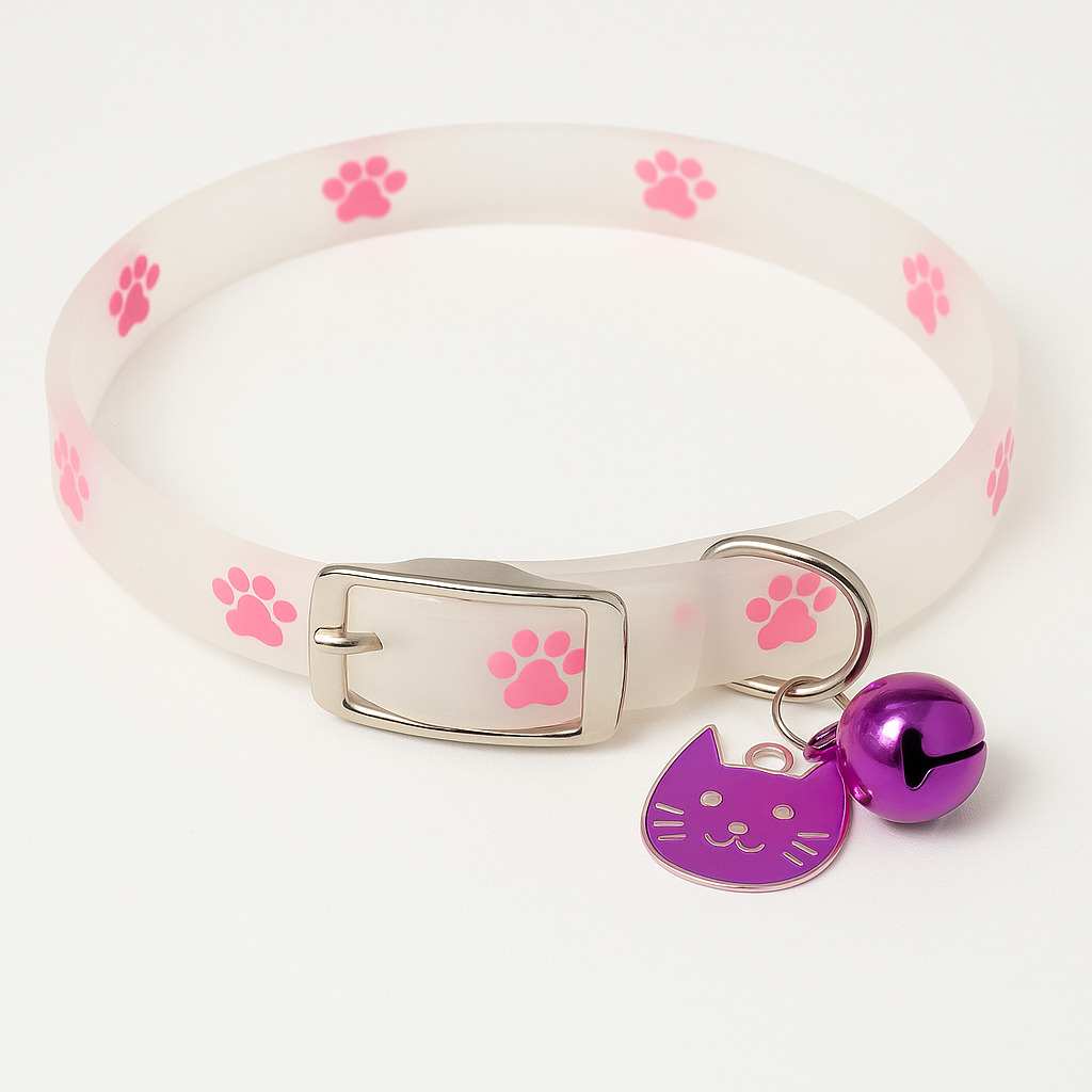 White pet collar with pink paw prints, a purple bell, and a cat-shaped tag on a white background.