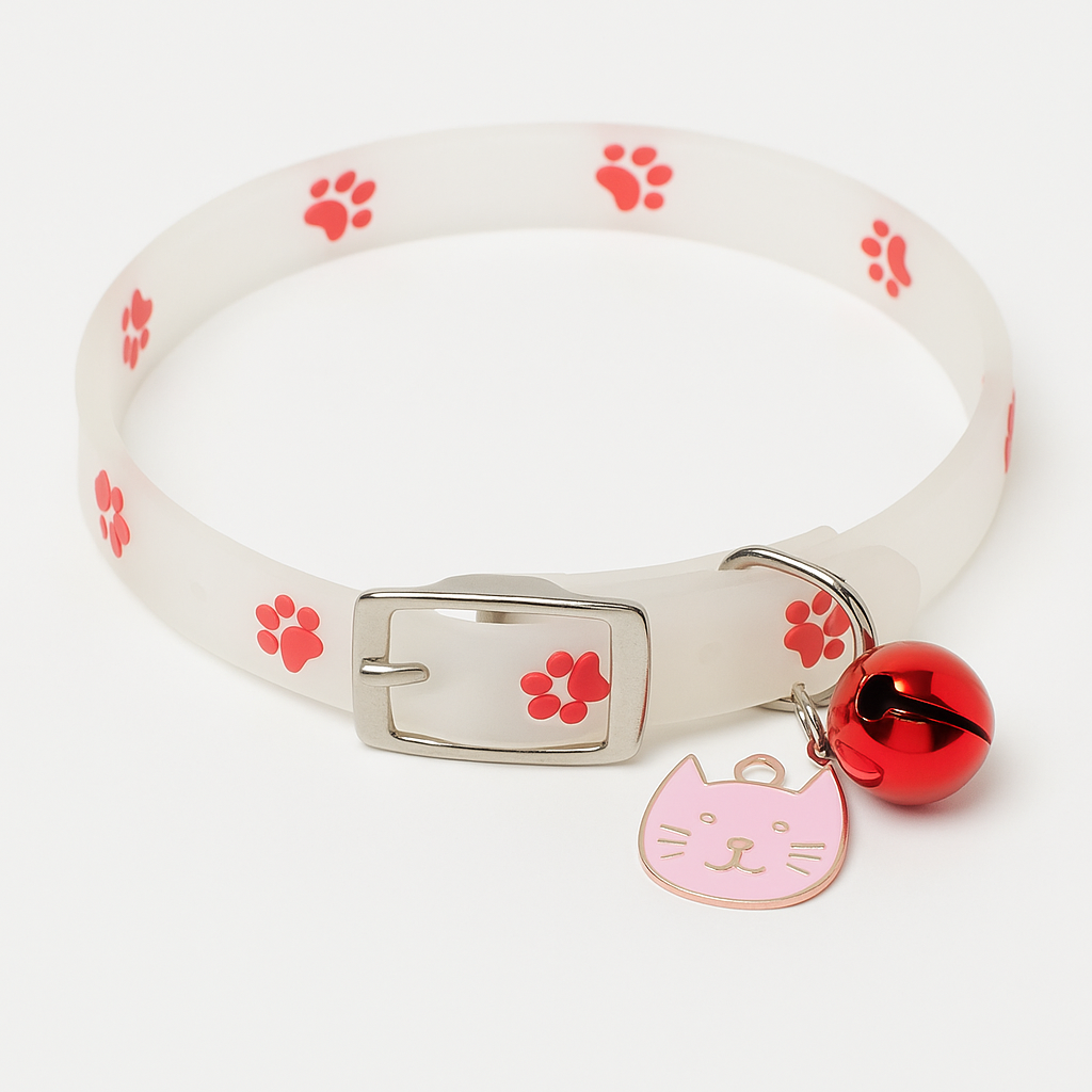 White pet collar with red paw prints, a pink cat-shaped tag, and a red bell on a white background.
