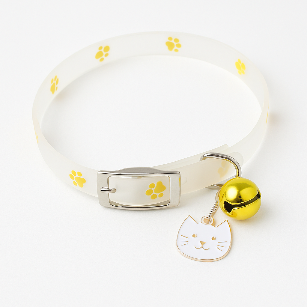 White pet collar with yellow paw prints, a gold bell, and a cat face charm on a white background