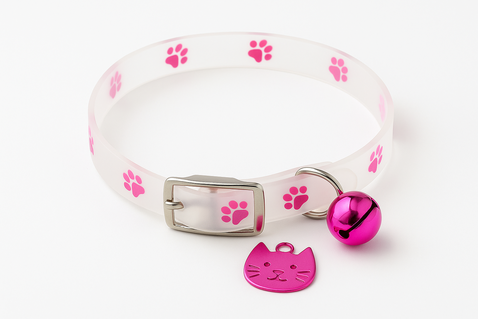 Cat collar with pink paw prints, a bell, and a cat-shaped tag on a white background