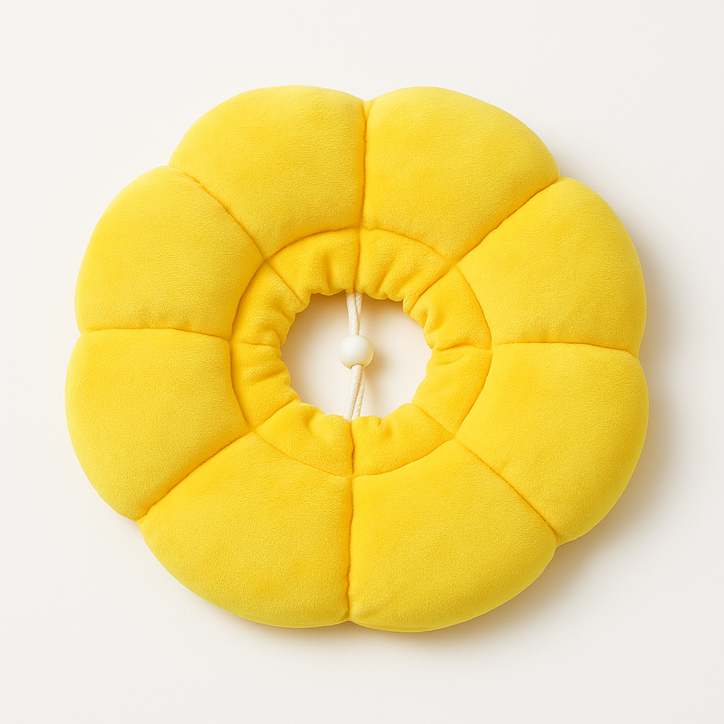 Yellow circular pillow with a white center on a light gray background