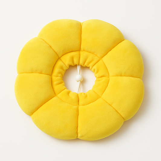 Yellow circular pillow with a white center on a light gray background