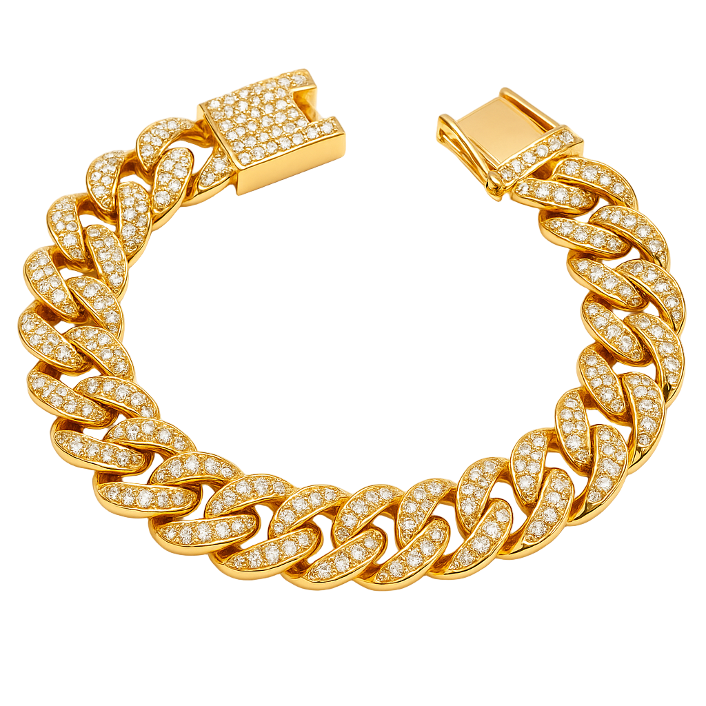Gold bracelet with diamond-studded links on a white background
