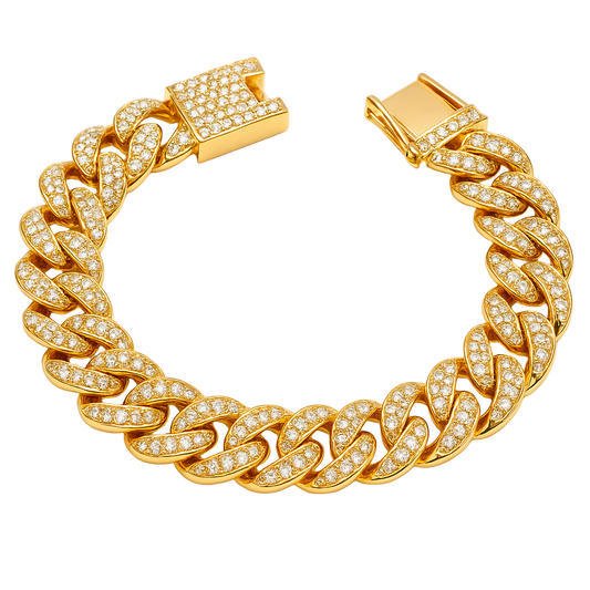 Gold bracelet with diamond-studded links on a white background