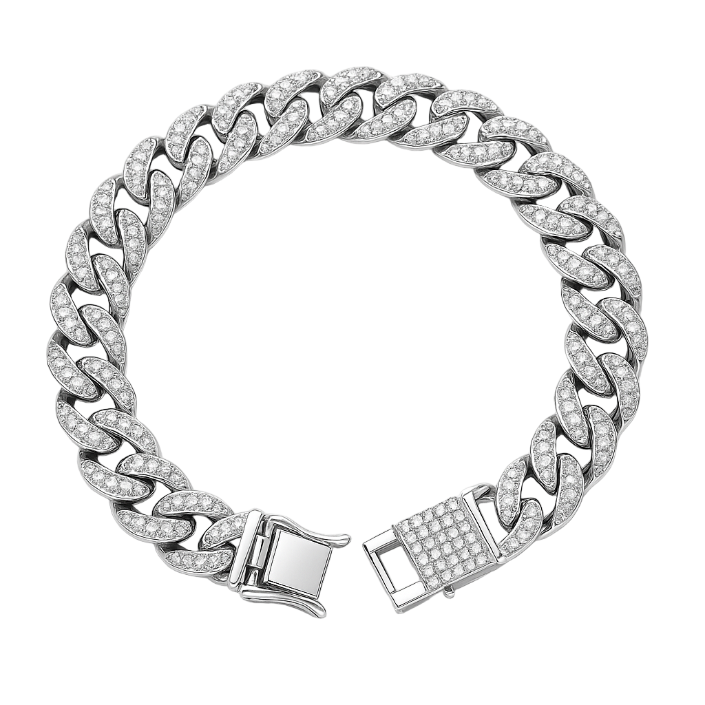 Silver chain bracelet with diamond-like stones on a white background
