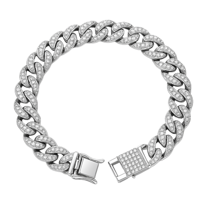 Silver chain bracelet with diamond-like stones on a white background